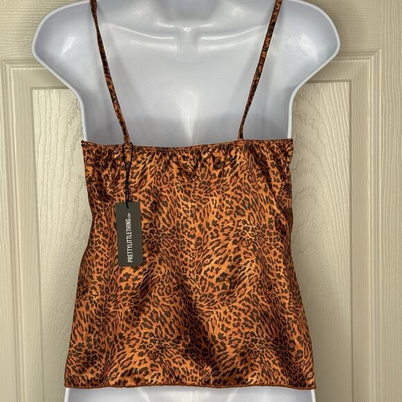 Pretty Little Thing Cheetah Ruffle Babydoll Top XS Brown Black Y2K Retro Satin - Picture 2 of 11